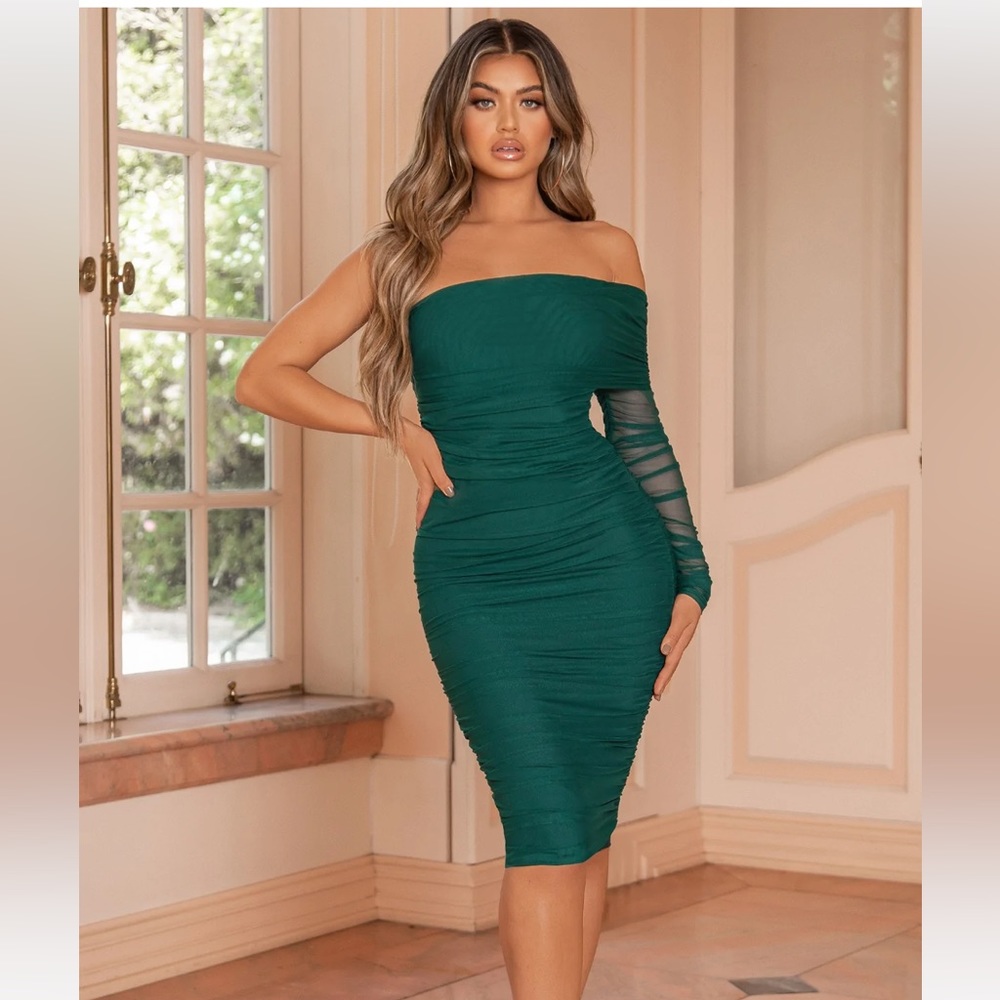 Club L Asymmetrical Bardot mesh ruched midi dress